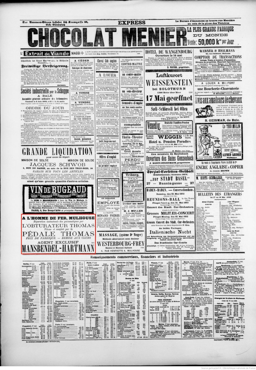 Journal L'Express de Mulhouse du 18 mai 1893 (p.4) : obturateur et pédale Thomas.